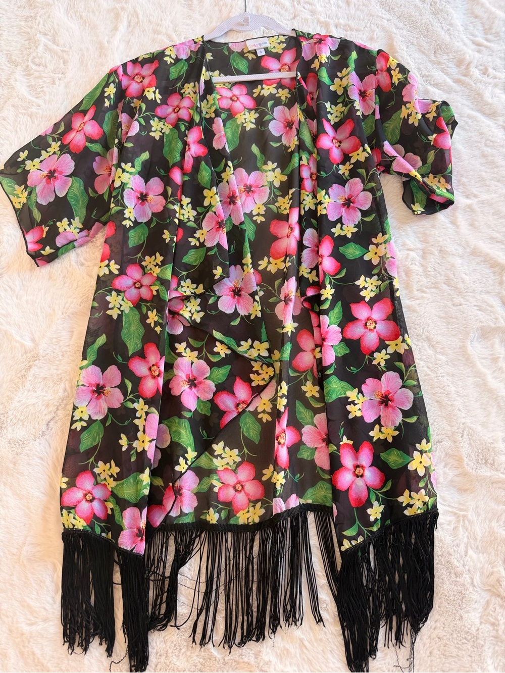 LuLaRoe Black Floral Fringe Kimono with Pink Flowers